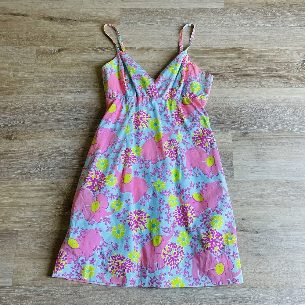 Lily Pulitzer Pink Elephant Sundress Womens Size 6 Blue Spaghetti Strap Shift